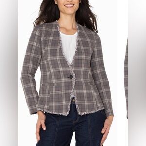 NWT Liverpool Collarless Fringed Blazer. Brown and Navy Glen Check